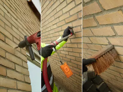 Proces van gaten boren, spouw vullen en gaten dichtmaken